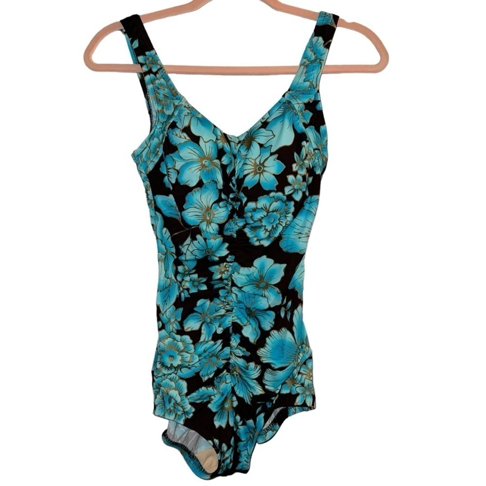Maxine of Hollywood Blue Floral One Piece Swimsuit Retro Pinup Tummy Control 10 - Picture 4 of 7